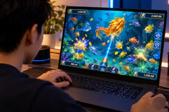 A player at a laptop playing an online fishing game with a golden dragon boss fish and win multipliers on screen